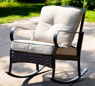 25" Black Steel Patio Rocking Chair With Beige Cushion