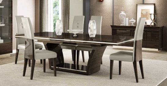 Seven Piece Dark Brown Solid Wood Dining Set with Six Chairs