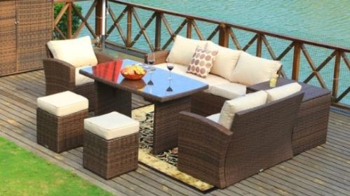 Brown 7Piece Steel Outdoor Sectional Sofa Set With Ottomans And Storage Box