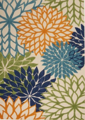 6' X 9' Ivory and Blue Floral Indoor Outdoor Area Rug