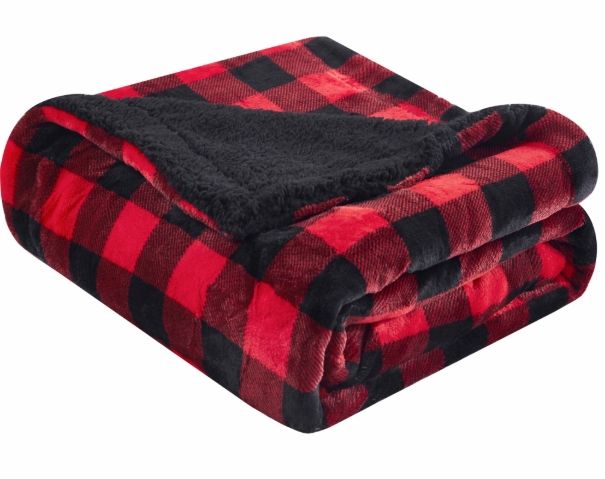 Buffalo Red Black Reversible Velvet and Sherpa Throw Blanket