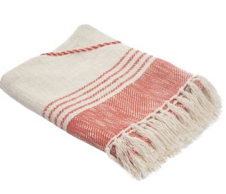 60" X 50" Red Woven Cotton Striped Throw Blanket with Fringe